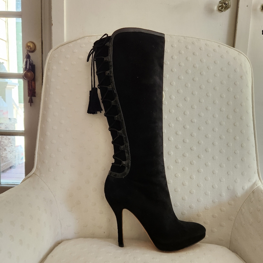 Boot tall black Joan and David suede lace up back with zipper tassel 8.5